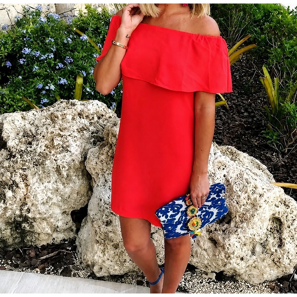 NWT Charles Henry Off Shoulder Dress Womens M Red Crepe Flounce Party - Picture 1 of 9